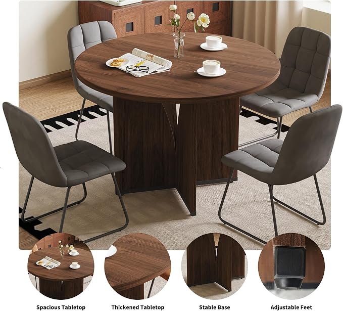HIPIHOM Modern Round Dining Table Set for 4, 39.4" Walnut Kitchen Table with 4 PU Leather Chairs, 5-Piece Mid-Century Dining Room Set for Small Spaces, Pedestal Base