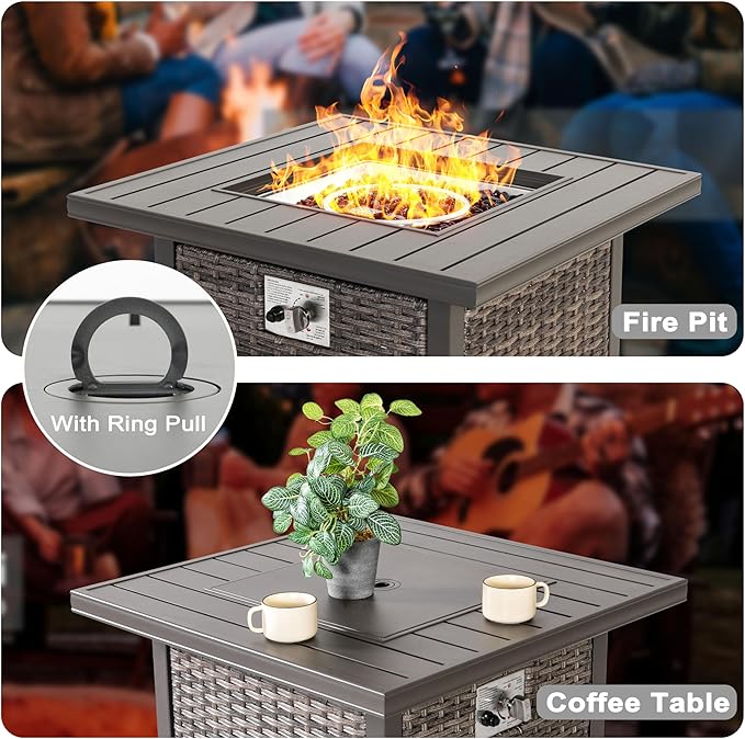 Nuu Garden Propane Fire Pit Table, CSA Certified 30 Inch 50,000 BTU Outdoor Propane Gas Cabinet Square Fire Pit Table, Iron Tabletop, Rattan and Iron Frame, with Lid and Fire Glass Beads, Black
