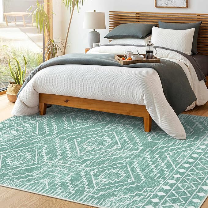 Wonnitar Moroccan Sage Green Area Rugs 5x7, Washable Rugs Non-Slip Soft Large Rug for Bedroom, Non-Shedding Farmhouse Stain Resistant Floor Carpet for Bedside Playroom Dining Room (Mint Green,5'x7')