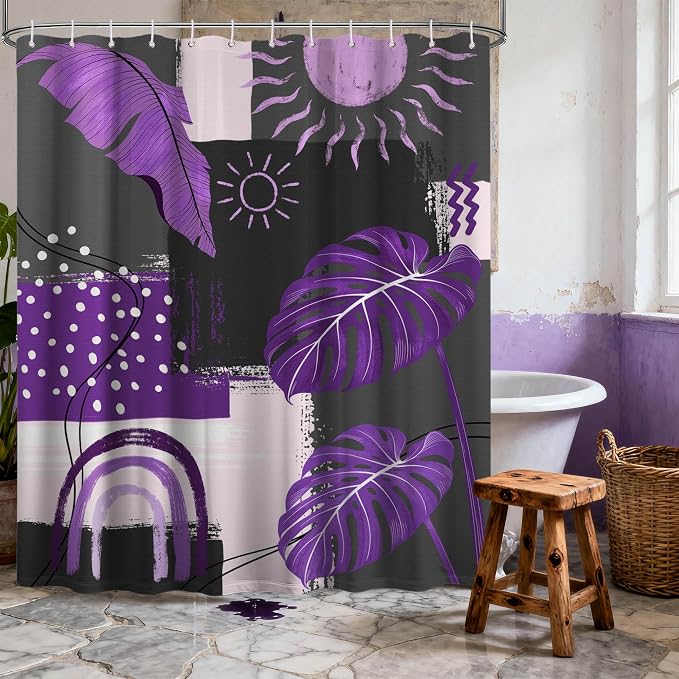 Purple and Gray Mid Century Modern Shower Curtain Bohemian Abstract Dark Purple and Grey Shower Curtains for Bathroom Decor Sets, Waterproof Cloth Fabric with Hooks, 72x84 Inch
