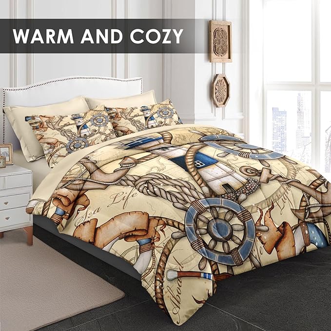 Comforter Set Full Size, Retro Nautical Lighthouse Map 7 Pcs Bedding for Kids and Adults, Vintage Anchor Beige Bed Sheet Sets with Fitted Sheet 2 Pillowcase & 2 Sham for Bedroom Bed Decor