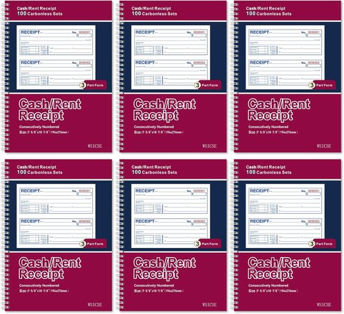 Regine Switzerland 6 Pack Receipt Books - Carbonless 3-Part Spiral Bound | 7-5/8" x 10-7/8" Size