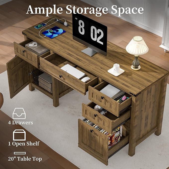 Executive Desk, Modern Farmhouse Computer Desk with Drawers & Cabinet, Home Office Desk for Work Study Writing Workspace (Light Brown, 62")