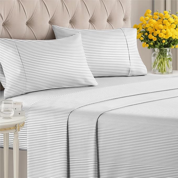 Striped Sheets - Black & White Striped Sheets - 1 Flat & 1 Fitted & 2 Pillowcases w/ Deep Pockets – Wrinkle & Fade Free - Soft, Breathable & Cooling – Luxury Pinstripe Bedding - Cal King Size Bed Set