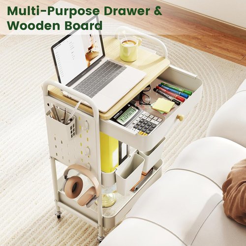 Danpinera Rolling Utility Cart - 3-Tier Craft & Snack Cart with Wheels, Drawer, Hooks & Wooden Top - White