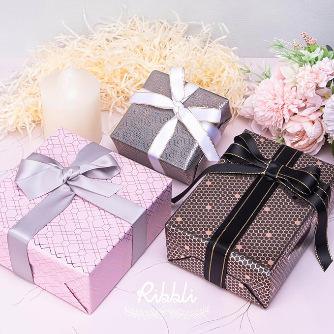 Ribbli Rose Gold Pink Birthday Wrapping Paper Mini Roll, 3 Rolls Grey Pink Black Geometry Pattern with Rose Gold Foil for Valentines Day Mothers Day Wedding - 17 inch x 120 inch(10feet) Per Roll