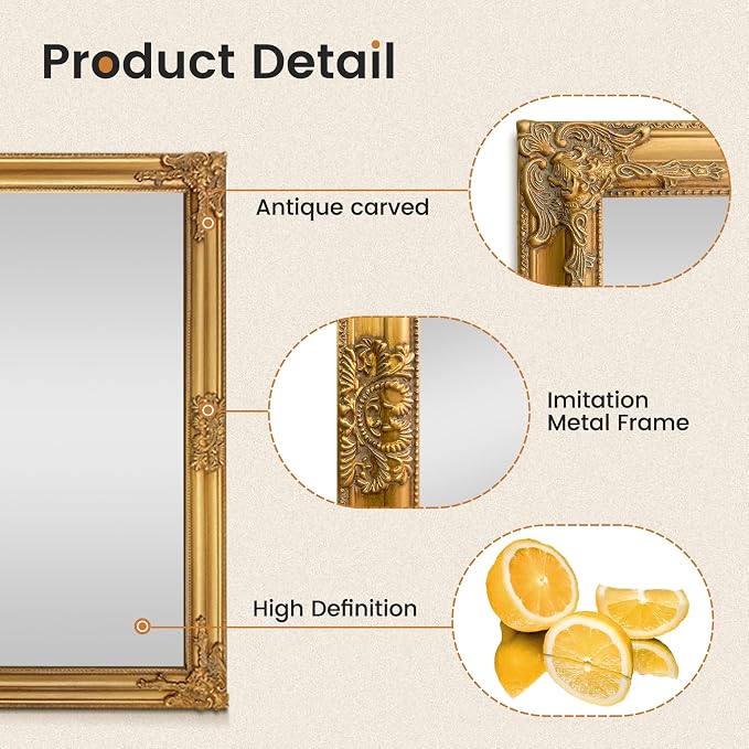 TRAHOME 24"x36" Vintage Gold Baroque Wall Mirror, Ornate Antique Style Decorative Mirror for Entryway, Living Room, Fireplace Mantel, Hallway