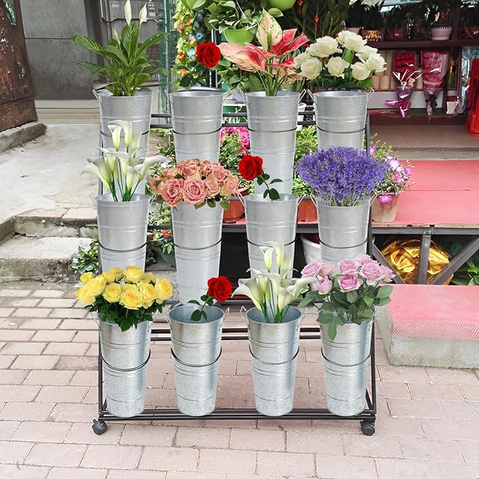Notakia 10.62 Inch Galvanized Metal Vases Farmhouse French Flower Bucket Vases for Cut Flowers for Home Decor and Wedding Table Centerpiece Decorations (Medium Silver 4Pcs)