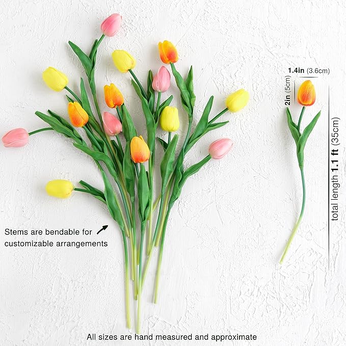 FiveSeasonStuff 15 Stems Real Touch Artificial Tulips – Lifelike Faux Flowers for Home, Weddings, Gifts & Spring Floral Décor (Festive Bloom – Orange, Yellow, Pink)