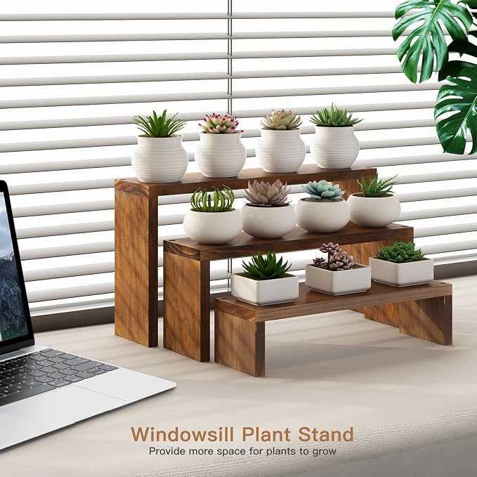 Plant Stand Shelf for Desk Window Sill Countertop Succulent Stand Desktop Shelf 3 Tiers Small Wooden Tabletop Ladder Plant Shelves for Cupcake Stand Riser Spice Rack Holder