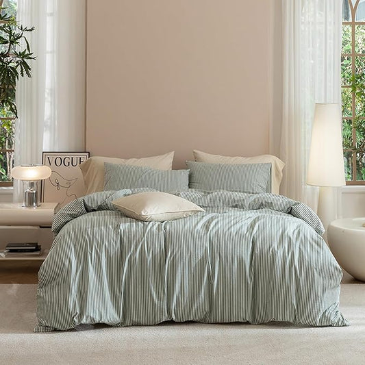 JIYUAN 100% Washed Cotton Striped Duvet Cover Set 3 Pieces Queen, 1 Duvet Cover and 2 Pillowcases(Comforter Not Included),Linen Like Bedding Set Comfy and Breathable,Pinstripes-Heathered Green White