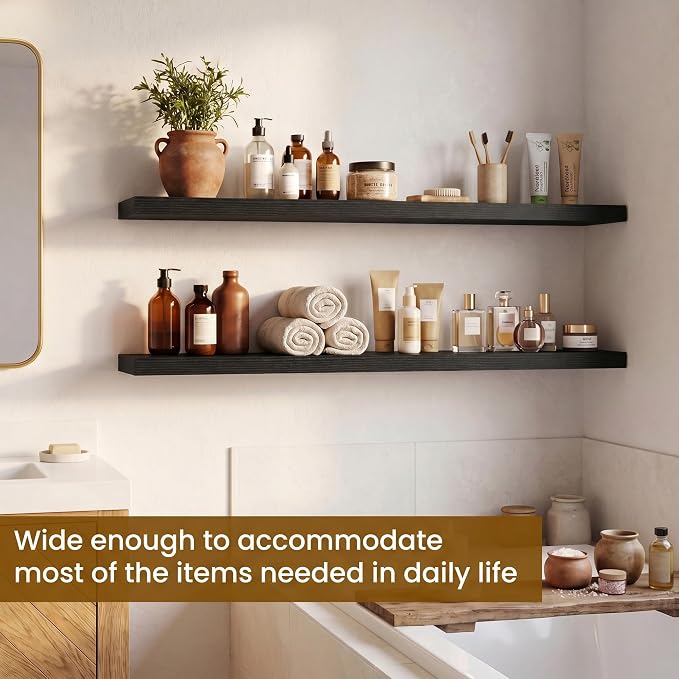 Dreamland Floating Shelves for Wall, Rustic Black Floating Shelves for Bathroom|Bedroom|Kitchen, Deep Wall Mounted Book Shelf, Wood Storage Display Shelf for Home Decor, Set of 2