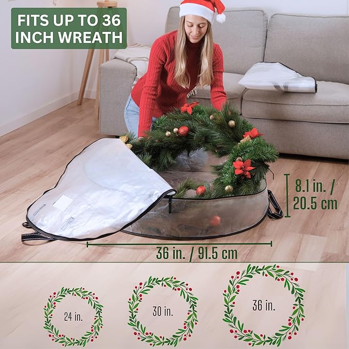 VENO 2 Pack Christmas Wreath Storage Container - 36 Inch Clear Wreath Bag, Christmas Garland and Holiday Decoration Organizers with Zipper and Durable Handles (Clear, 36"-2 Pack)