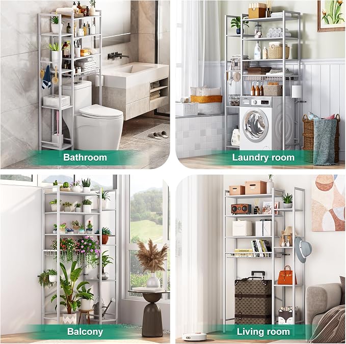 Kalrin 8-Tier Over The Toilet Storage with Side Rack, Over Toilet Storage Rack with Adjustable Shelf & Drain Basket, Freestanding Bathroom Organizer for Balcony, Laundry (Pure White)