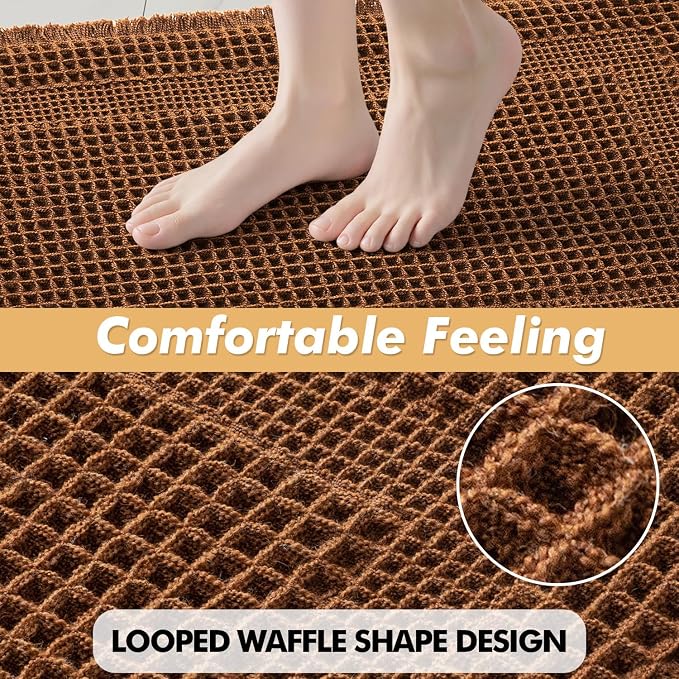 MIULEE Set of 2 Waffle Bathroom Rugs, Terracotta Boho Bath Rug Super Absorbent, Non Slip Washable Ultra Soft Rubber Backed Shower Bath Mats for Floor, Tub, Shower, Looped Design, Caramel, 17x24 Inch