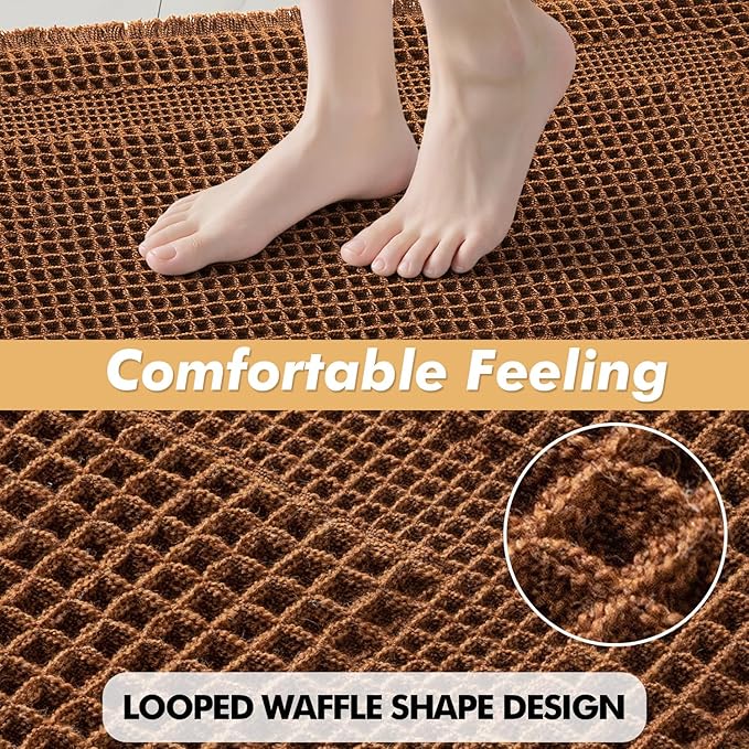 MIULEE Set of 2 Waffle Bathroom Rugs, Terracotta Boho Bath Rug Super Absorbent, Non Slip Washable Ultra Soft Rubber Backed Shower Bath Mats for Floor, Tub, Looped Design, Caramel, 17"x24"+18"x30"
