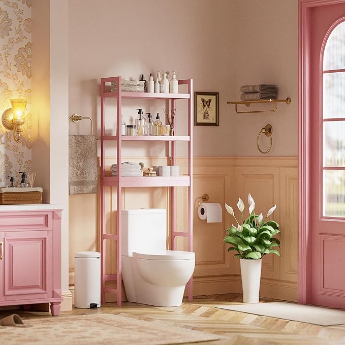 SMIBUY Bathroom Storage Shelf, Bamboo Over-The-Toilet Organizer Rack, Freestanding Toilet Space Saver with 3-Tier Adjustable Shelves (Pink)