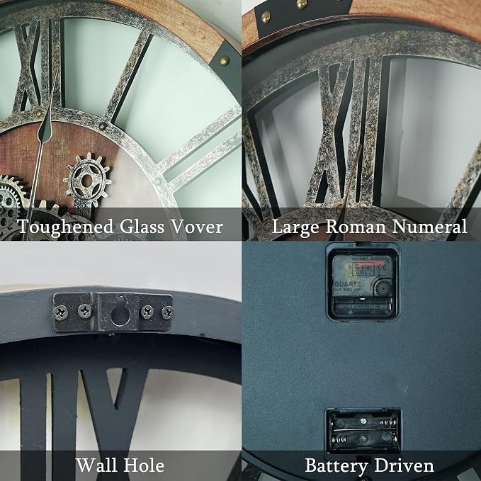 36 Inch Moving Gear Wall Clock, Oversized Wall Clocks, Clock Living Room Decor, Solid Wood Frame, Battery Operated, Large Wall Clock with Steampunk Industrial for Fireplace(Brown)