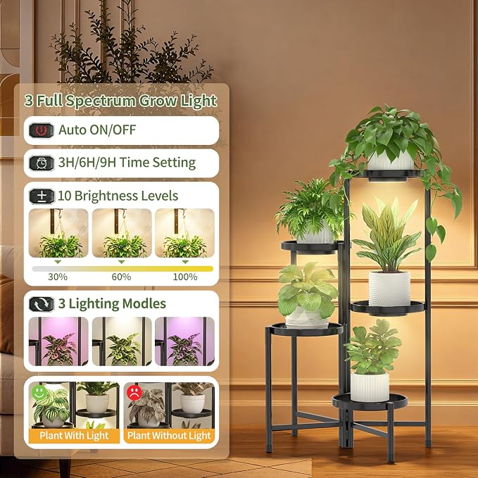 LASZOLA 5 Tier Large Plant Stand Indoor Tall with Grow Lights, Corner Folding Flower Display Rack with 10 Inch Metal Tray, Modern Plant Holder Shelf for Outdoor Patio Porch Garden Living Room, Black