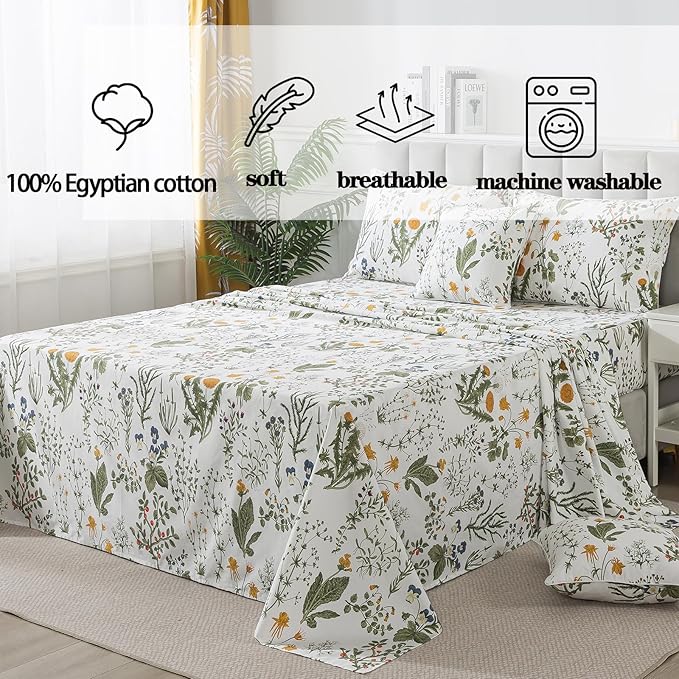 FADFAY 100% Egyptian Cotton Sheets Queen Botanical Printed Floral Sheets Yellow Flowers & Leaves Pattern Farmhouse Bedding Soft and Breathable French Country Bedding 4Pcs Deep Pocket Queen Sheet Set