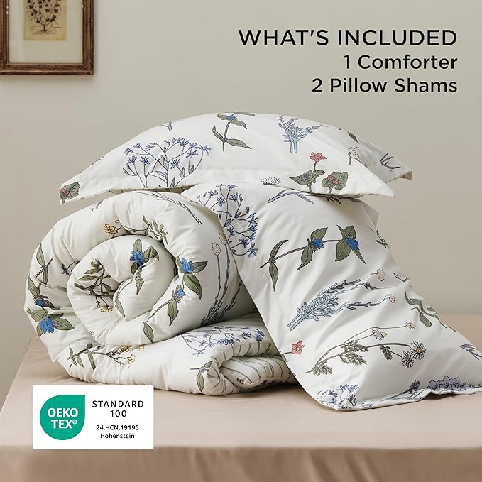 Bedsure Comforter Set King Size - Cute Floral Bedding Comforter Set, 3 Pieces, 1 Soft Reversible Coconut White Botanical Flowers Comforter and Pillow Shams