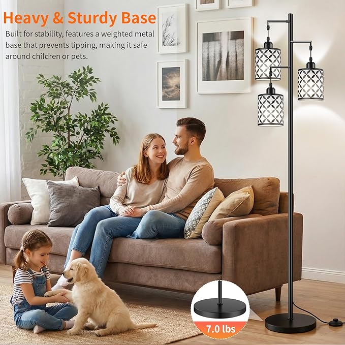 Dimmable Floor Lamp, Farmhouse Standing Lamp with Elegant Metal Cage, Industrial Tall Tree Floor Lamps for Living Room, Bedroom, Study Room, Office, 3 x 800LM LED Bulbs Included, 72", Black