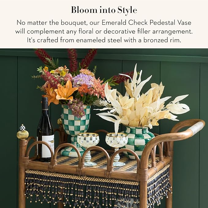 MACKENZIE-CHILDS Pedestal Vase, Decorative Centerpiece and Flower Holder, Green-and-White Emerald Check