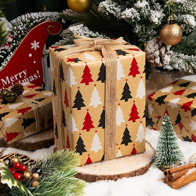 MAYPLUSS Kraft Trees Christmas Wrapping Paper - 17 Inch X 33 Feet - Minimalistic Little Red Black White Trees Kraft Recyclable Winter Holiday Gift Wrap Paper for Party, DIY Crafts & Festive Decoration