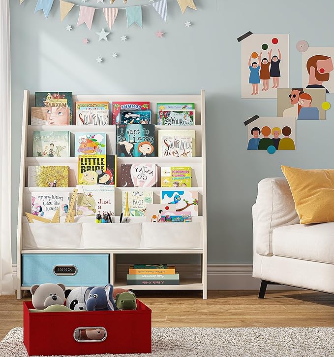 SEIRIONE Sturdy Kids Bookshelf, Tear-Proof Cotton Sling, Eco-Safe Toddler Bookshelf with 2 Cube Bins for Books & Toys, Beige/Wood Texture