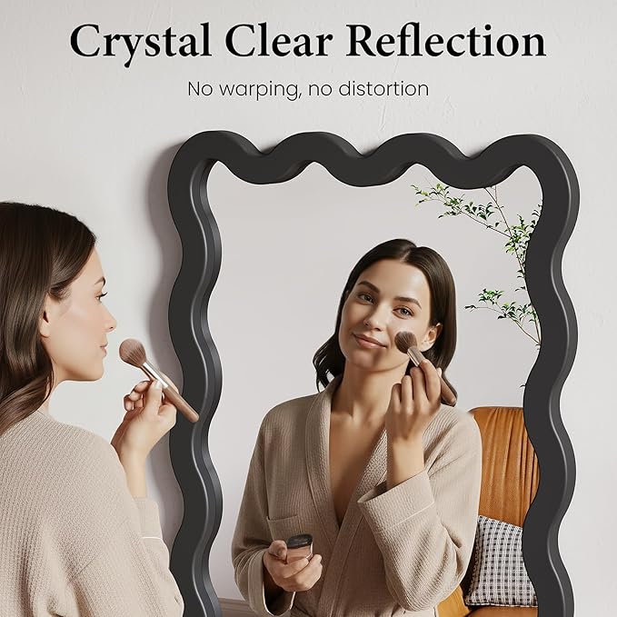22"x30" Matte Black Wavy Wall Mirror for Powder Room & Vanity, Solid Wood Squiggle Mirror, Small Asymmetrical Irregular Mirror, Funky Aesthetic Decor, Vertical/Horizontal