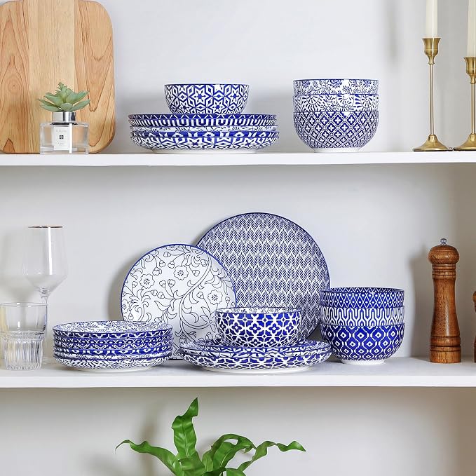 Selamica Ceramic Plates and Bowls Sets,24 Pieces Dinnerware Sets for 8,Scratch Resistant Dish Set for family gathering,Dishwasher & Microwave Safe, Vintage Blue