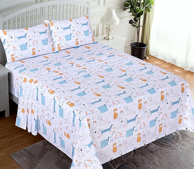 RUVANTI 100% Cotton Twin Sheets Set, 3 Pieces, Soft & Breathable Percale Weave Bedding, Deep Pocket 16", Hotel Standard, Crisp Cool Feel, Durable, Perfect Floral Bed Sheet, Puppy Me