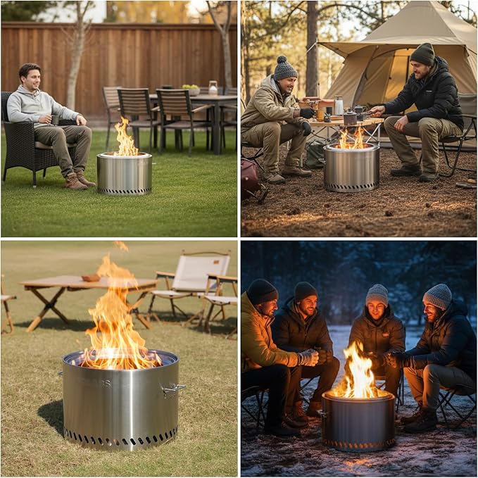 Golabs Smokeless Fire Pit 19.5", Portable with Handle, Stainless Steel Outdoor Firepit with Removable Ash Pan & Fire Poker, Easy to Clean, Efficient Heating & Less Ash, Perfect for Backyard & Camping