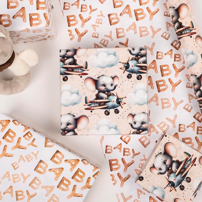 Altarho Reversible Baby Elephant Wrapping Paper Roll For Kids Boys Girls Elephant in Airplane with Baby Words Design Gift Wrap Sheets for Neutral Baby Shower Birthday Party Decoration Total 28.5sq.ft