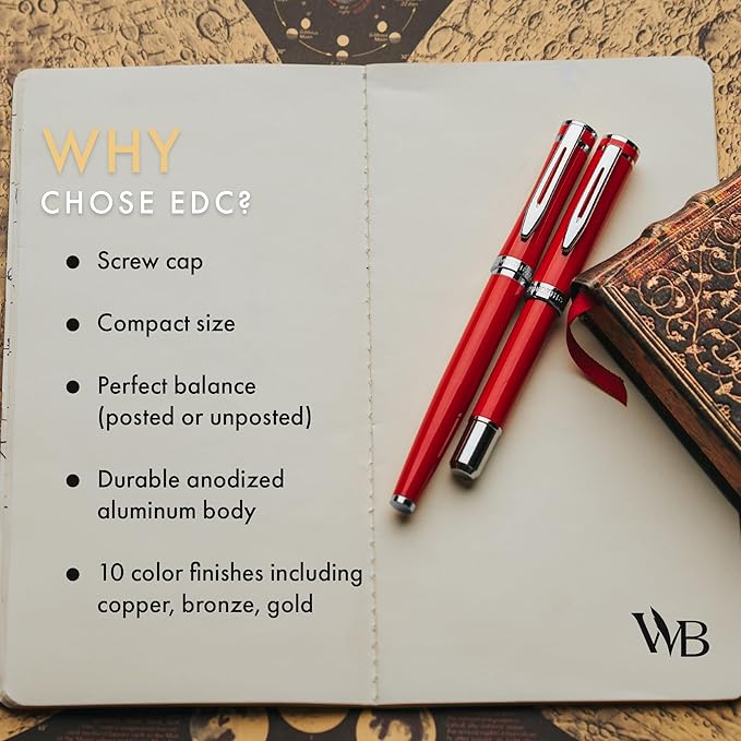 Wordsworth and Black Fountain Pen Mini EDC: Luxury Red Heavy Pocket Pen, Chrome Finish, Medium Nib, 6 Ink Cartridges, Ink Converter, Travel Refillable Writing Pen Gift Set, Men & Women