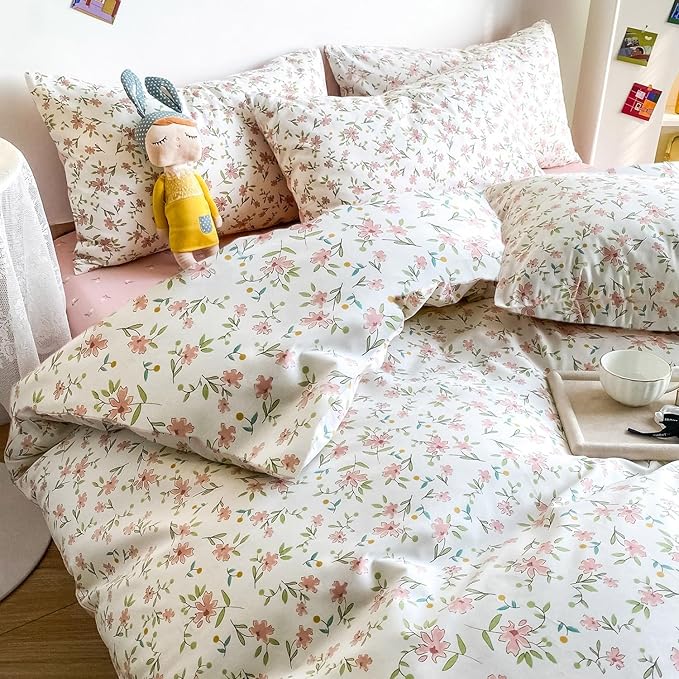 LifeTB Garden Style Pink Floral Comforter Set Full Size All Season Chic Floral Farmhouse Bedding Comforter with 2 Pillowcases Vintage Botanical Comforter Set Fluffy Cozy Comforter for Girls Women