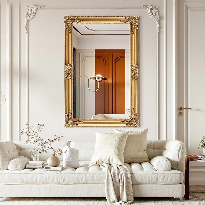 TRAHOME Vintage Gold Mirror for Wall, 30"x45" Antique Decorative Baroque Mirror with Imitation Metal Frame, Ornate Decorative Wall Mirror Decor for Entryway, Fireplace, Living Room, Hallway