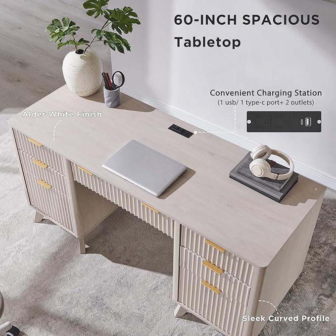 T4TREAM Fluted Executive Desk with Drawers, 60" Modern Home Office Computer Desk with Charging Station, File Cabinet, Keyboard Tray and Storage Cabinet for Study, Living Room, Bedroom, Alder White