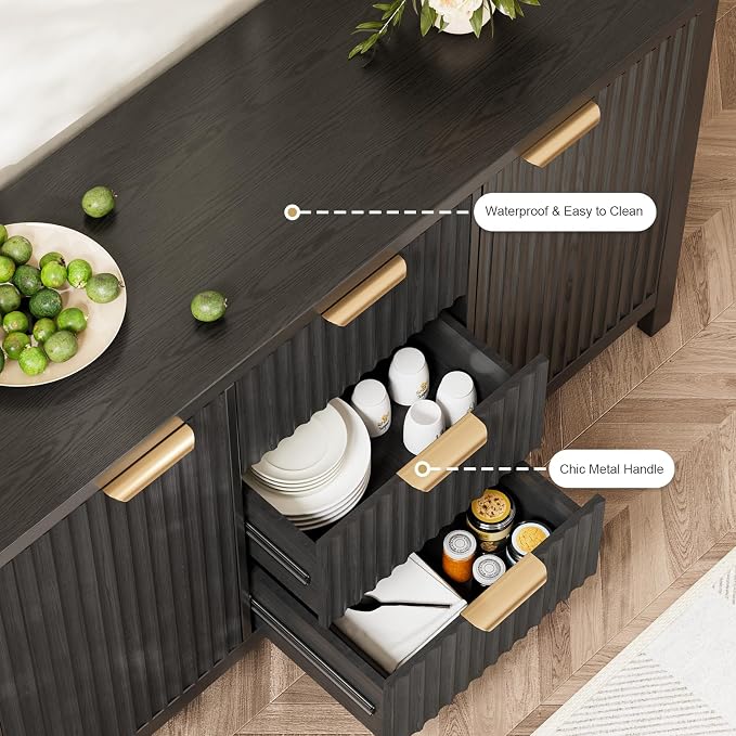 47.2" Fluted Sideboard Buffet Cabinet, Modern Black Credenza with 2 Drawers & 2 Doors, 3-Level Adjustable Shelves, Waterproof Top, Gold Handles, Kitchen Entryway Living Room Storage (Glossy Black)