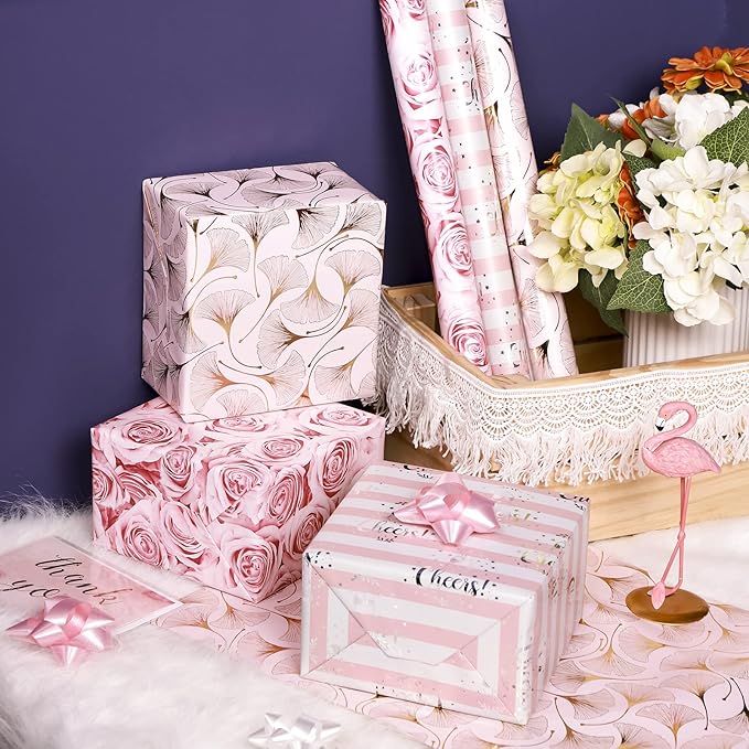 MAYPLUSS Wrapping Paper Set - Mini Roll with Bow & Ribbon & Gift Tags & Stickers - 17 inch X 120 inch Per roll - Pink Design (42.3 sq.ft.TTL)