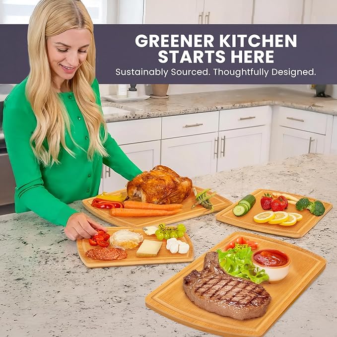 Glue-Free Surface™ 2XL Extra Large Bamboo Cutting Board Set of 4 – Small, Medium, XL, and Oversized Sizes from Chopping Vegetables to Carving Meat & Turkey for Large Family Meal Prep and Gatherings