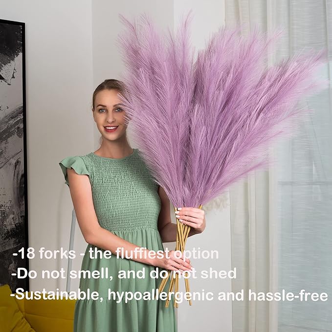 Pampas Grass Decor Tall, 43"/110cm Faux Pampas Grass 6 Stems Large Pompass Grass Branches Tall Bulk Boho Flower Arrangement for Home Room Wedding Party Decor (Light Purple)
