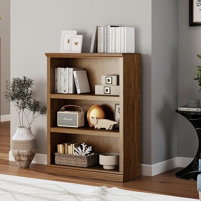 43 in Tall Bookcase, 3-Tier Bookshelf Open Storage, 33 inch Wide Floor Standing Indoor Furniture, Book Cases for Home School Library Office Bedroom Kids, Vintage Oak 3 Tiers