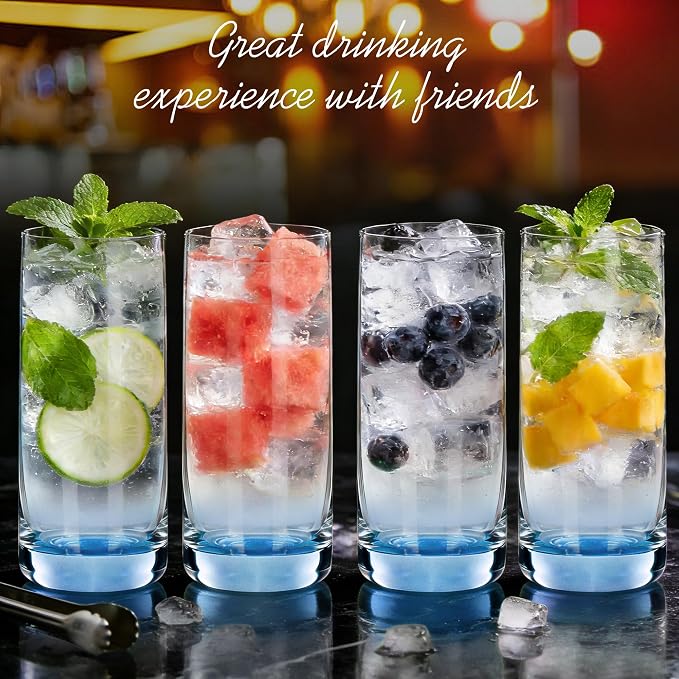 Blue Highball Glasses Set of 6,13oz Drinking Glass Cups for Mixed Drink Cocktail, Beer, Mojito, Water and Juice,Thick Tall Crystal Glassware for Kitchen, Restaurant, Home Bar and Parties