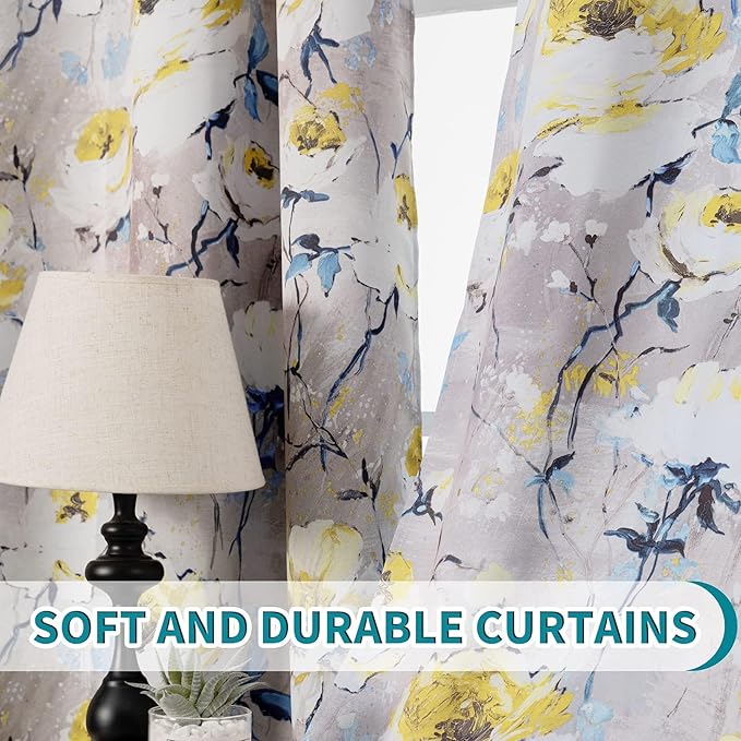 MYSKY HOME Floral Curtains 63 inch Length 2 Panels for Living Room Vintage Flower Printed Drapes Thermal Insulated Curtains Panels with Grommet, Grey and Yellow