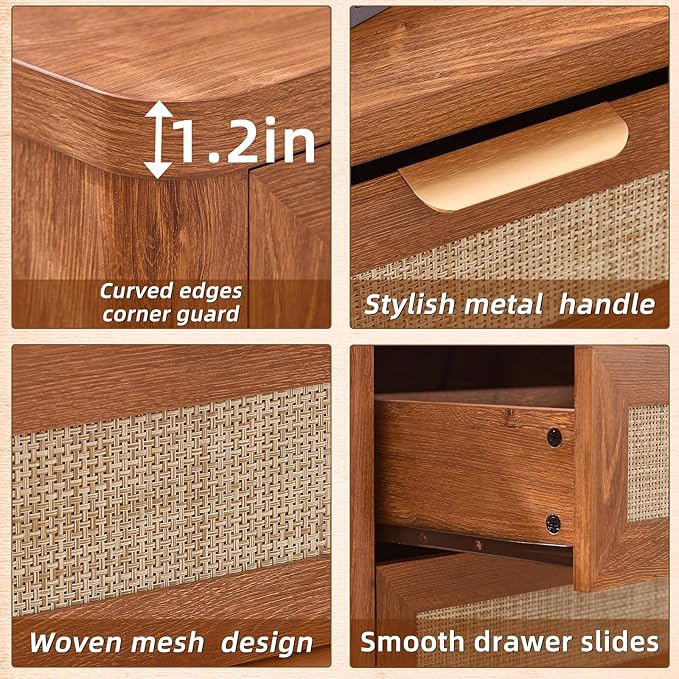 LEYAOYAO Rattan Night Stand Set of 2 with Charger Station, 23" Large 3 Drawer Boho Nightstand, Tea Brown Bedside Table Storage Cabinet, Bed Side End Tables for Bedroom, Living Room, Hallway