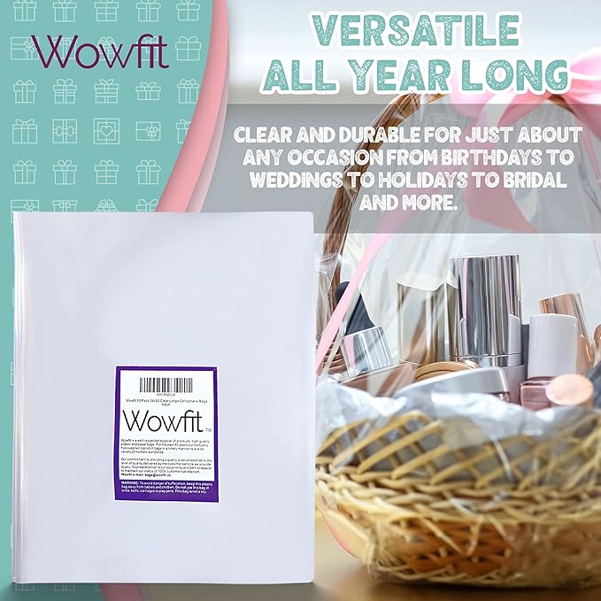 Wowfit Cello Clear Bags, 10 CT 30x40 inches - Durable & Easy-to-Use Cellophane Packaging Solution for Gift Baskets, Raffles, Birthday Events and More(Flat, No Gusset, Ribbon Not included)