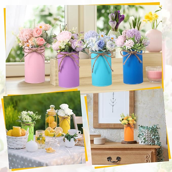 Domensi 5.91 in High Farmhouse Vase Decor Galvanized Metal Flower Vase with Twine Bow Vintage Rustic Tin Flower Buckets for Artificial Floral Table Container DIY (Multicolor,8 Pcs)