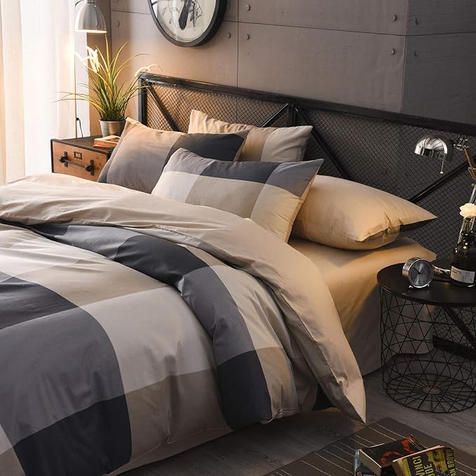 Queen Comforter Set - 3 Pieces Soft Bedding Plaid Vintage Style Checkered Gingham for All Seasons - 1 Comforter and 2 Pillowcases