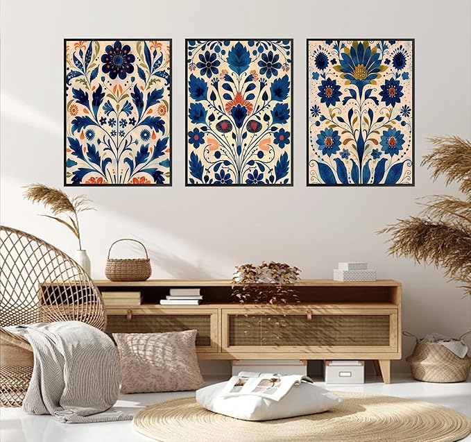 3 Pcs Blue Boho Flower Canvas Wall Art, Floral Painting Poster Wall Decor,Wildflower Botanical Picture for Wall Living Room Bathroom Bedroom Home Decoration 16 * 24 in (Poster no Framed)
